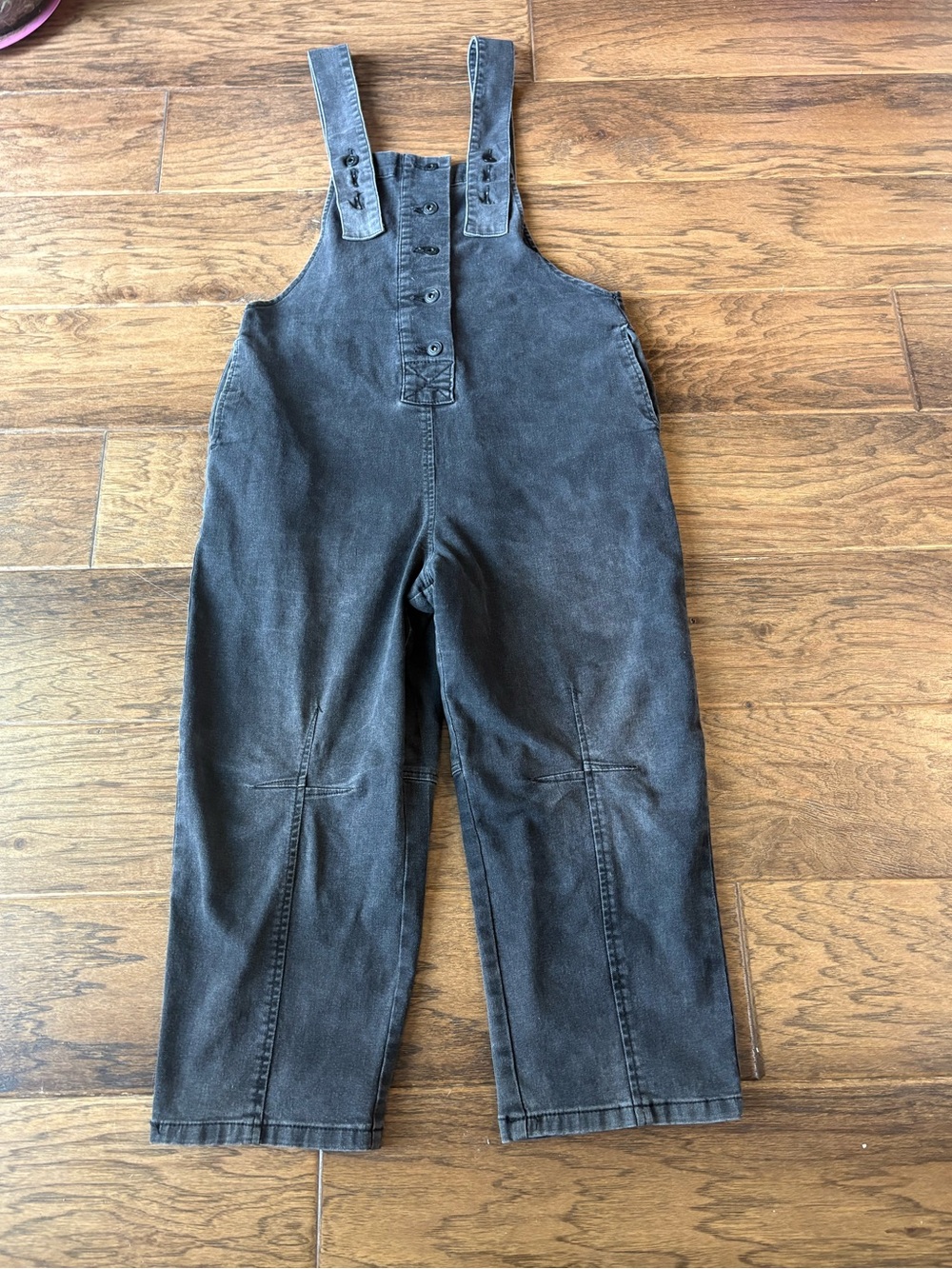 Women’s Washed Black Denim Overalls with Button Bib